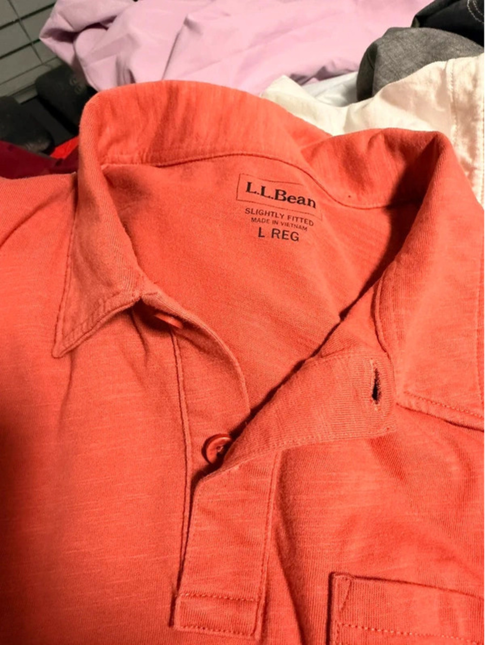 L.L.Bean Men’s Large Regular Slightly Fitted Polo Shirt Coral Orange Pocket Slub